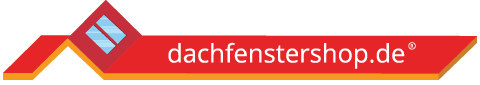 Firmenlogo: Eine rote grafische Darstellung eines Dachs mit zwei eingebauten Dachfenstern, mit der URL 'Dachfenstershop.de', die entlang des flachen Teils des Dachs geschrieben ist.